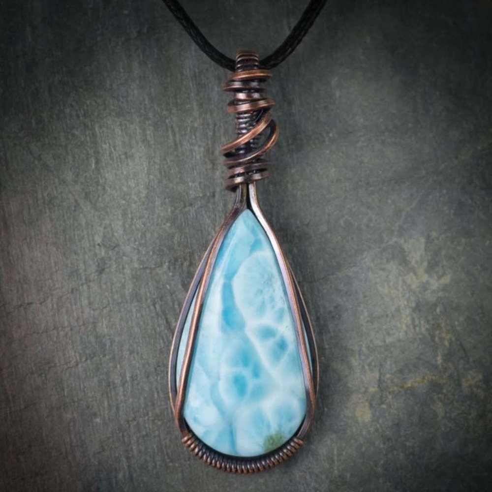 Larimar Large Teardrop Wire Wrapped Pendant
